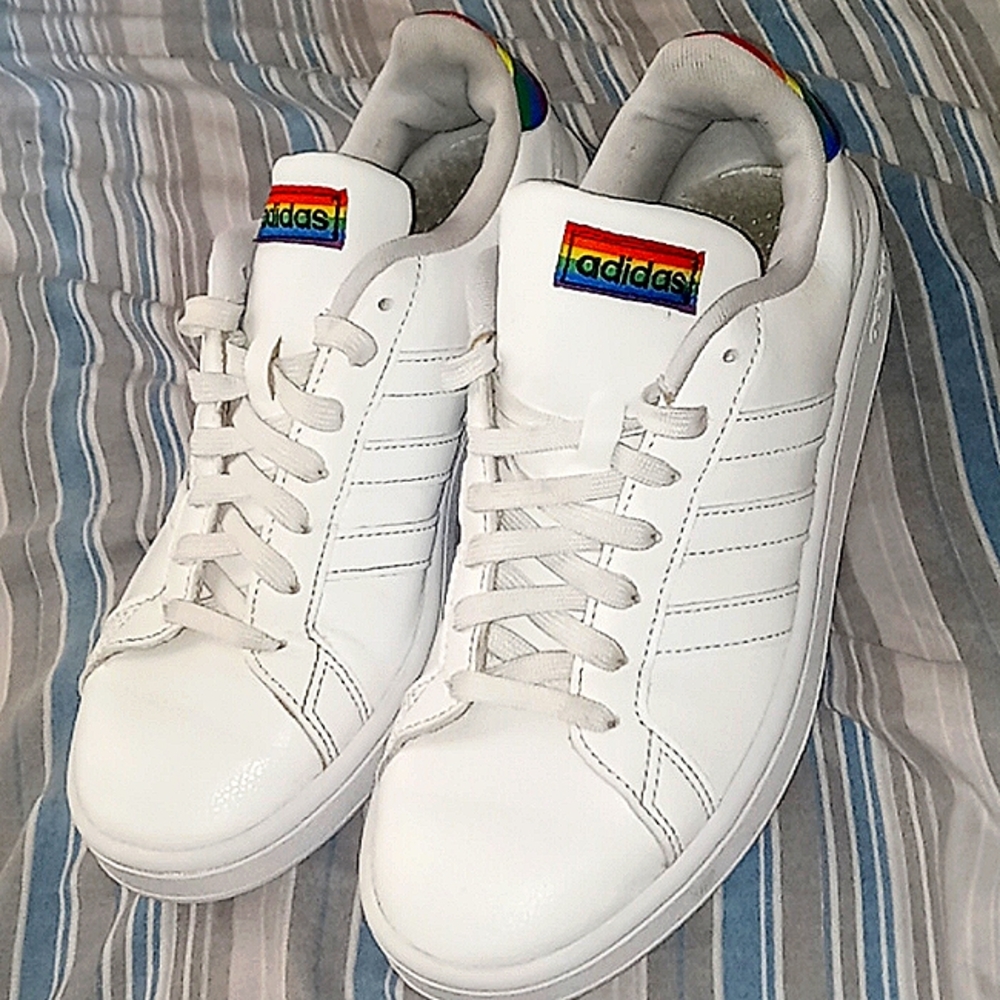 White & rainbow Adidas; size 9